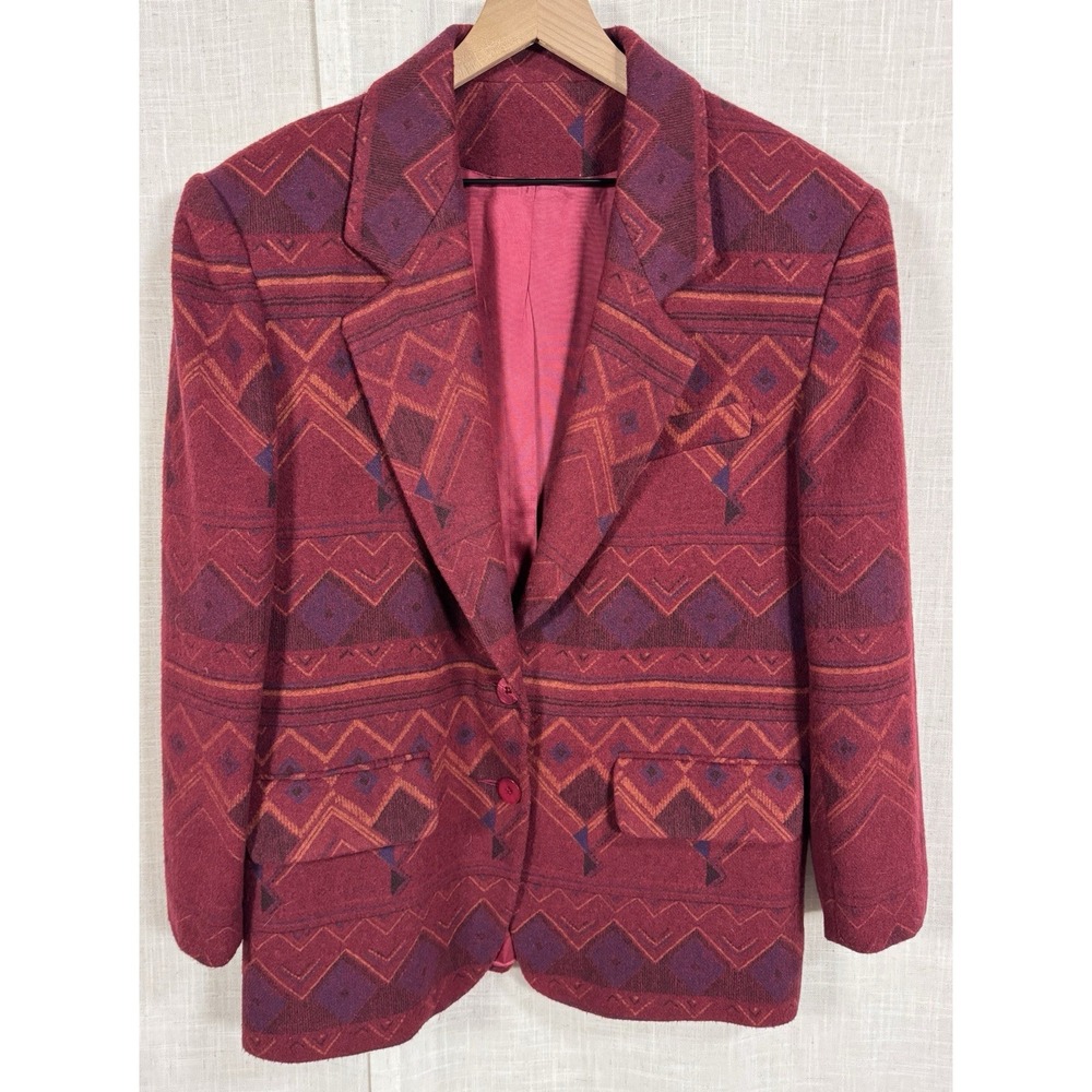 Vintage Ninety Wool Men's Women's Large Jacket Blazer Coat Burgundy‎ Aztec Print